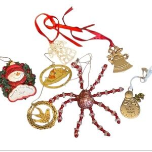 Lot of 7 Festive Holiday Ornaments with Red and Gold Accents